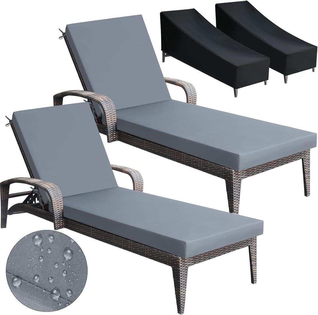 Patelai 2 Set Chaise Lounge Cushions Outdoor 70x21x3 in with Chair Covers, Waterproof Sun & Fade Resistant Thick Lounger Replacement Cushion(70x21x3 in,Classic,Dark Gray)