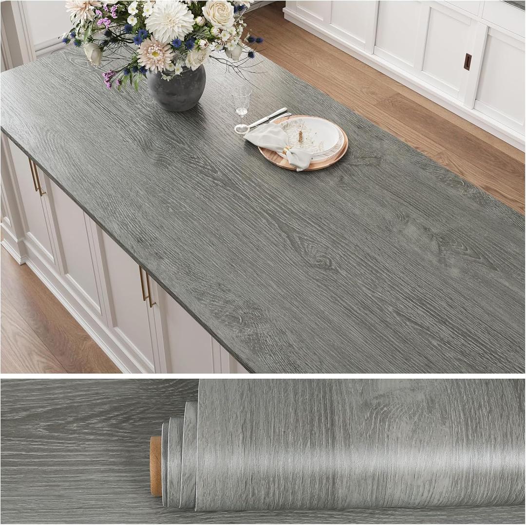 VEELIKE Extra Wide 32''x354'' Grey Oak Wood Contact Paper Peel and Stick Countertops Waterproof Wood Wallpaper for Furniture Kitchen Cabinets Vinyl Wrap Self Adhesive Woodgrain Counter Top Covers