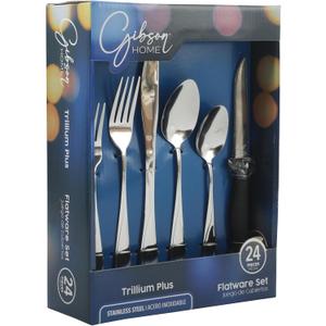 Gibson Home Trillium Plus 24-Piece Stainless Steel Flatware Utensil Set with Steak Knives  Silverware Service for 4 with Teardrop Handle Design