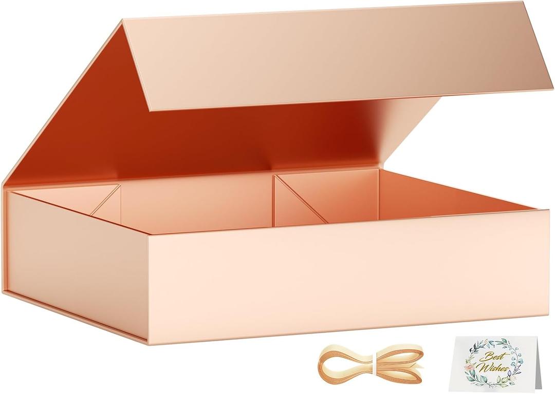 PSHVYM Gift Boxes with Lids, 11.5x7.8x3 In Rose gold Gift Box for Presents Magnetic Closure for T-Shirts, Gloves, Scarves, Books, Baby Clothes, Robes Clothing Gift Wrap, Contains Card, Ribbon