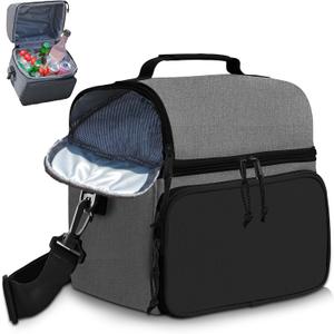 Insulated Lunch Box Dual Compartment Lunch Bag Leakproof Cooler for Men Women with Adjustable Strap,for Work, Picnic, Beach, Camping, TravelBlack Grey-12L