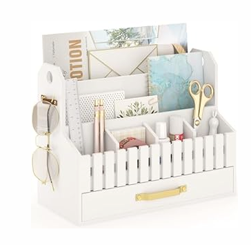 Bamboo Mail Organizer Countertop with Drawers, Wood Desk File Organizer Desktop Paper Organization Storage Bill & Letter Sorter Holder for School Home Office Supplies, No Assembly Required (Black)