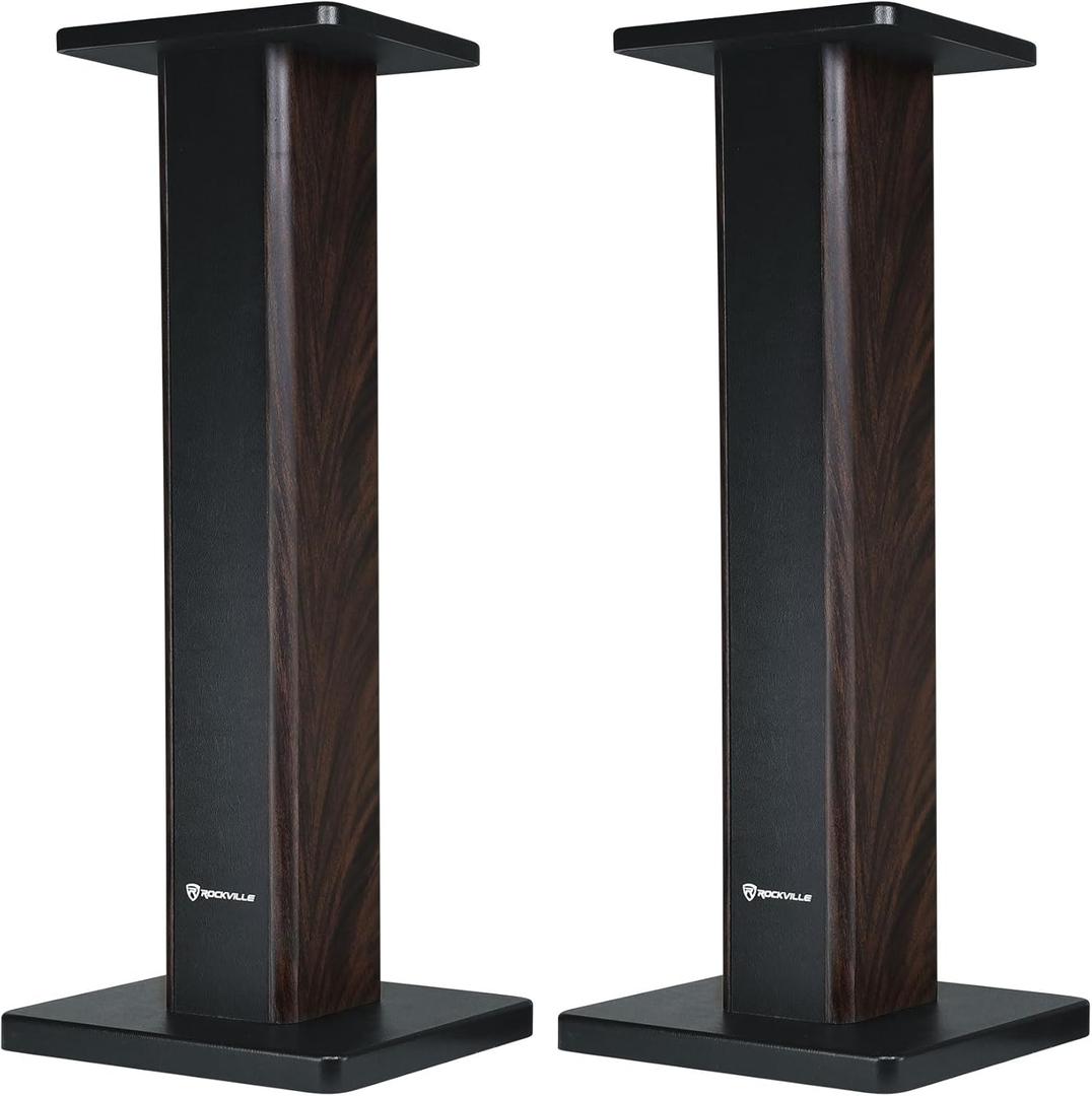 Rockville Pair RHT28D 28" Bookshelf Speaker Stands, Dark Wood Grain, 60 lbs Capacity, Sand-Fillable Design, Dual Platform Sizes, Anti-Slip Pads, for Home Theater and Studio Monitors