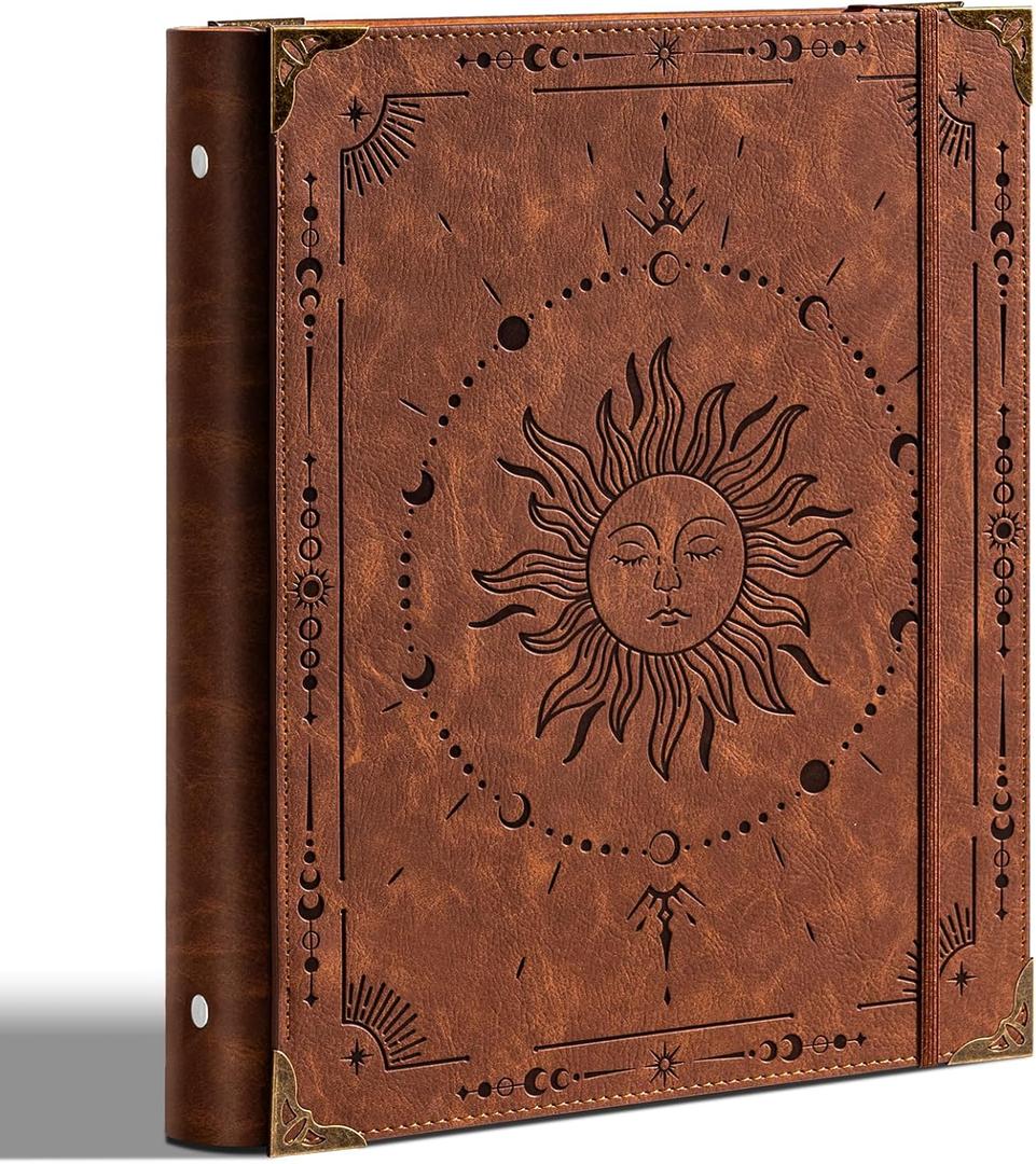 PU Leather 3 Ring Binder 1 Inch Round Ring Binder Holds 200 Sheets 8.5"x11" Letter Size Paper, Wedding Family History Notebook Cover Loose Leaf Organizer, Brown