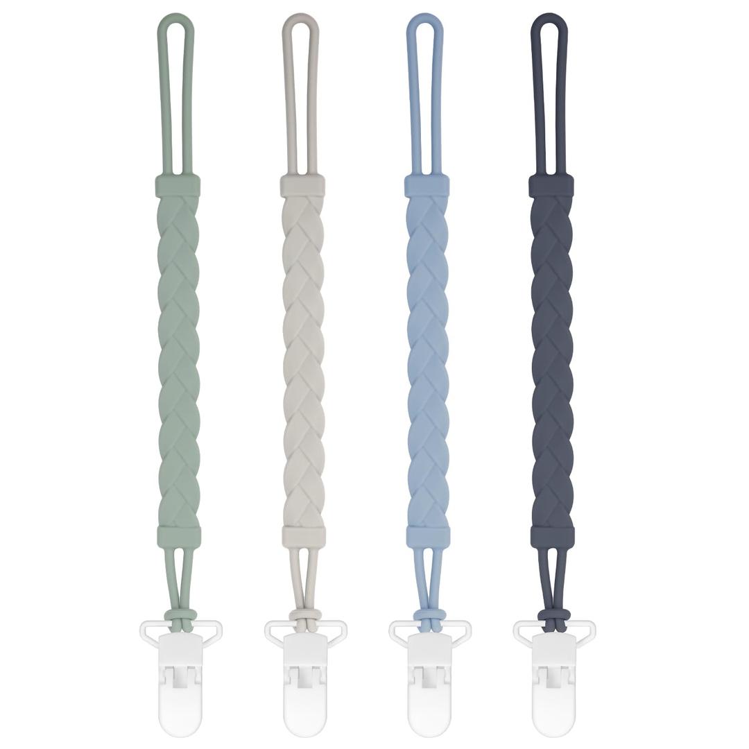 Stylish Silicone Pacifier Clips, 4-Pack Pacifier Holder with Flexible Woven Rope Design, 100% Food Grade Silicone, Easter Safe Essentials for Newborns Baby Boys and Girls (Dark Grey)