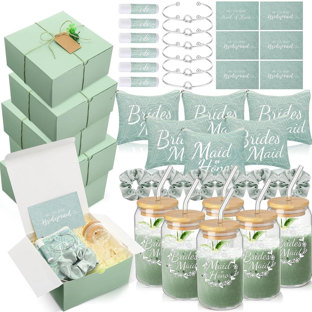 FillTouch 54 Pcs Bridesmaid Proposal Gifts, Maid of Honor Bride Gifts Include Wedding Gift Box Makeup Bag Glass Cup Card Lip Balm Scrunchie Bracelet for Bridal Shower Bachelor Party(Green)