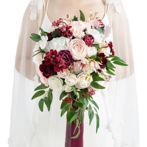 Ling's moment Burgundy Bridal Bouquet for Bride, 13 Inch Romantic Marsala Wedding Bouquets for Bride, Silk Round Artificial Wedding Flowers Bouquets