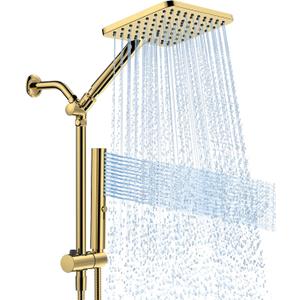 Shower Heads with Handheld Spray Combo Gold, 10 Inch High Pressure Rain/Rainfall Shower Head, Height Adjustable Dual 2 in 1 Shower Head System with Stainless Steel Hose