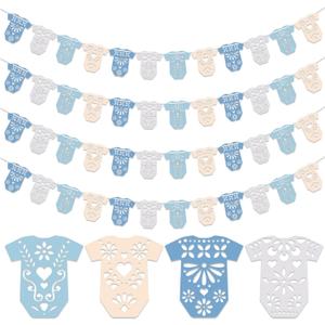 AmazingSpark 4 Set Cielito Lindo Baby Shower Garland 48 Pcs Blue Papel Picado Party Decorations Mexican Lace Baby Bodysuit Banner Card with Hanging String for Gender Neutral Party Supplies