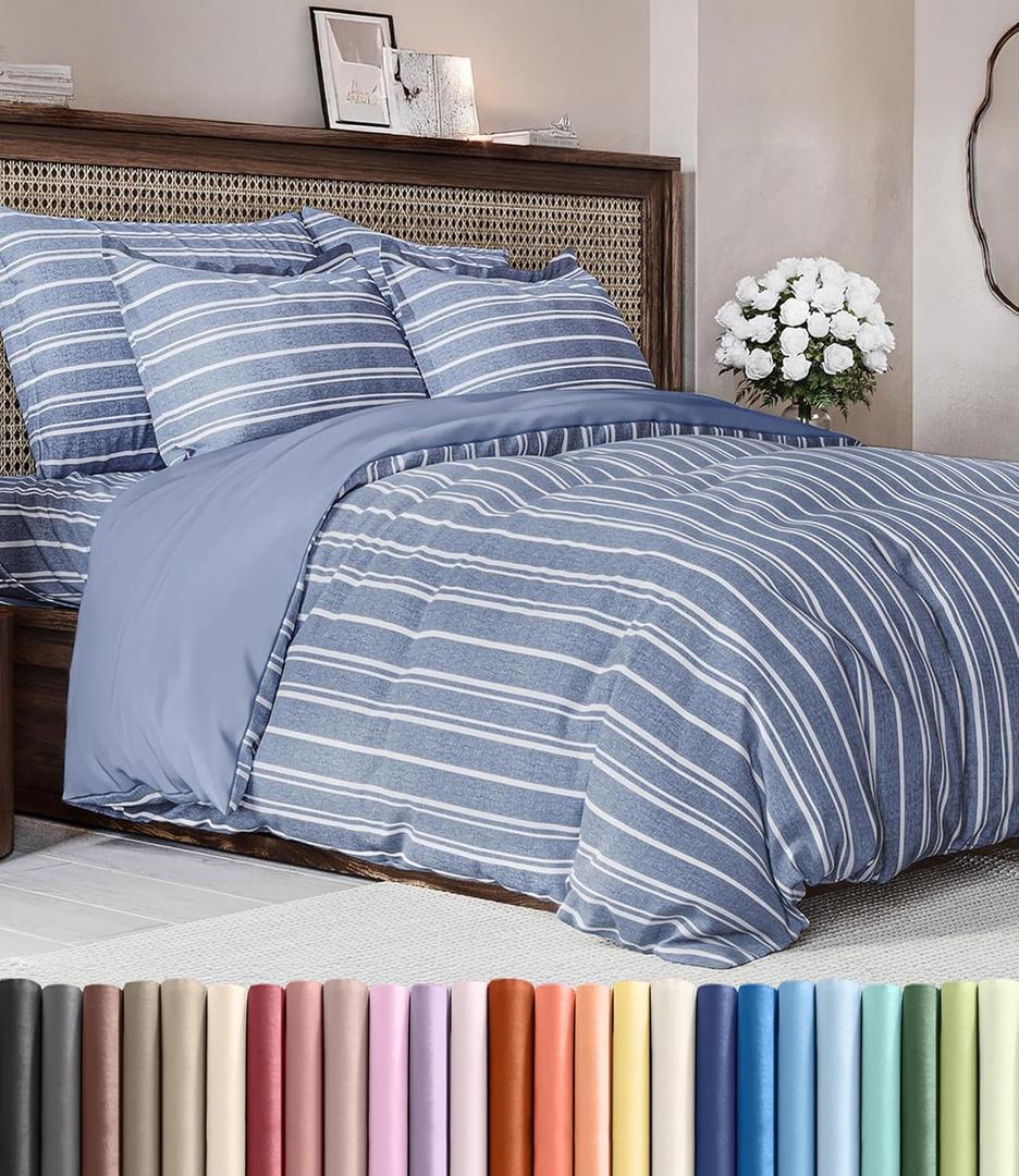 Duvet Cover Queen Size Set - Extra Soft Queen Duvet Cover 90" x 90" with 2 Pillow Shams - Hotel Luxury, Easy Care & Fade Free with Zipper Closures & Ties - Comfy, Cozy and Breathable (Blue Stripes)