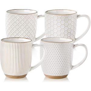 GBhome Large Coffee Mugs Set of 4, 16oz Handmade Embossed Coffee Mugs Set with Large Handle for Cappuccino/Latte/Tea/Hot Cocoa, Dishwasher & Microwave Safe, Off White