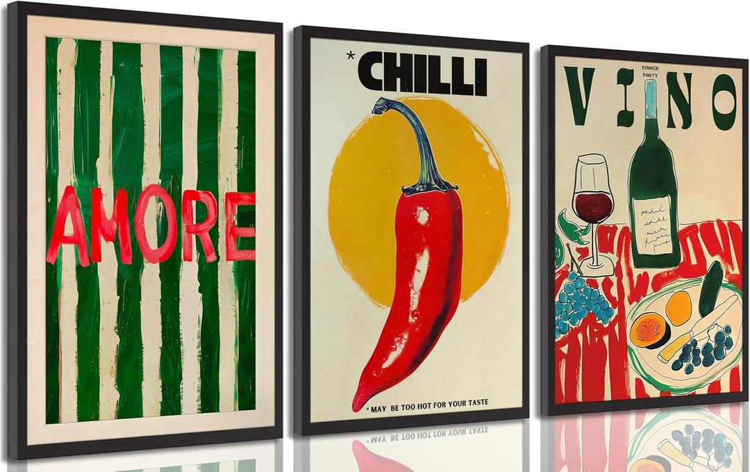 3Pcs Vintage kitchen Canvas Wall Art Abstract Dinner Table Food Wall Decor Colorful Food Lover Maybe Too Hot for Your Taste Poster Print Artwork for Dining Hotel Kitchen Modern Home Decoration (16L" x 12W")