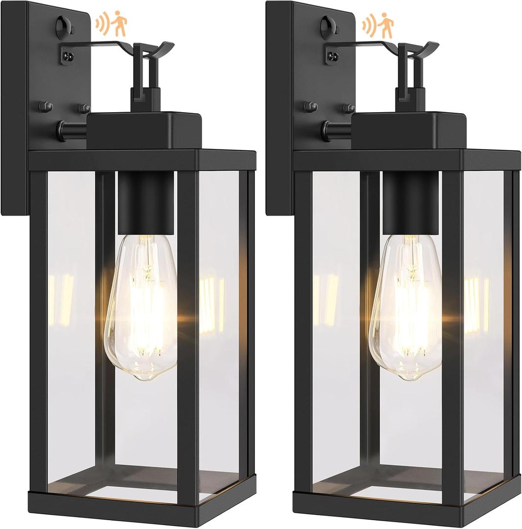BesLowe 14 Upgraded Motion Sensor Outdoor Wall Lights, Dusk to Dawn Porch Lights Outdoor Wall Sconces, 3 Lighting Modes Exterior Lighting Fixtures with Hooks, Black Outside Lights for House, 2-Pack
