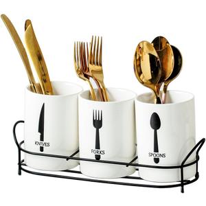 3-Piece White Ceramic Silverware Cutlery Holder with Black Metal Rack, Utensil Holder Flatware Caddy Cutlery Storage Organizer for Kitchen and Countertop (White)
