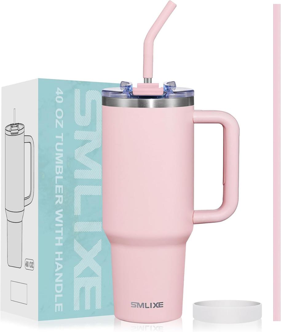 40 oz Tumbler with Handle and Straw Lid,Insulated Reusable Stainless Steel Water Bottle Travel Mug,Cupholder Friendly Double Wall Vacuum Sealed Cup (Pink)