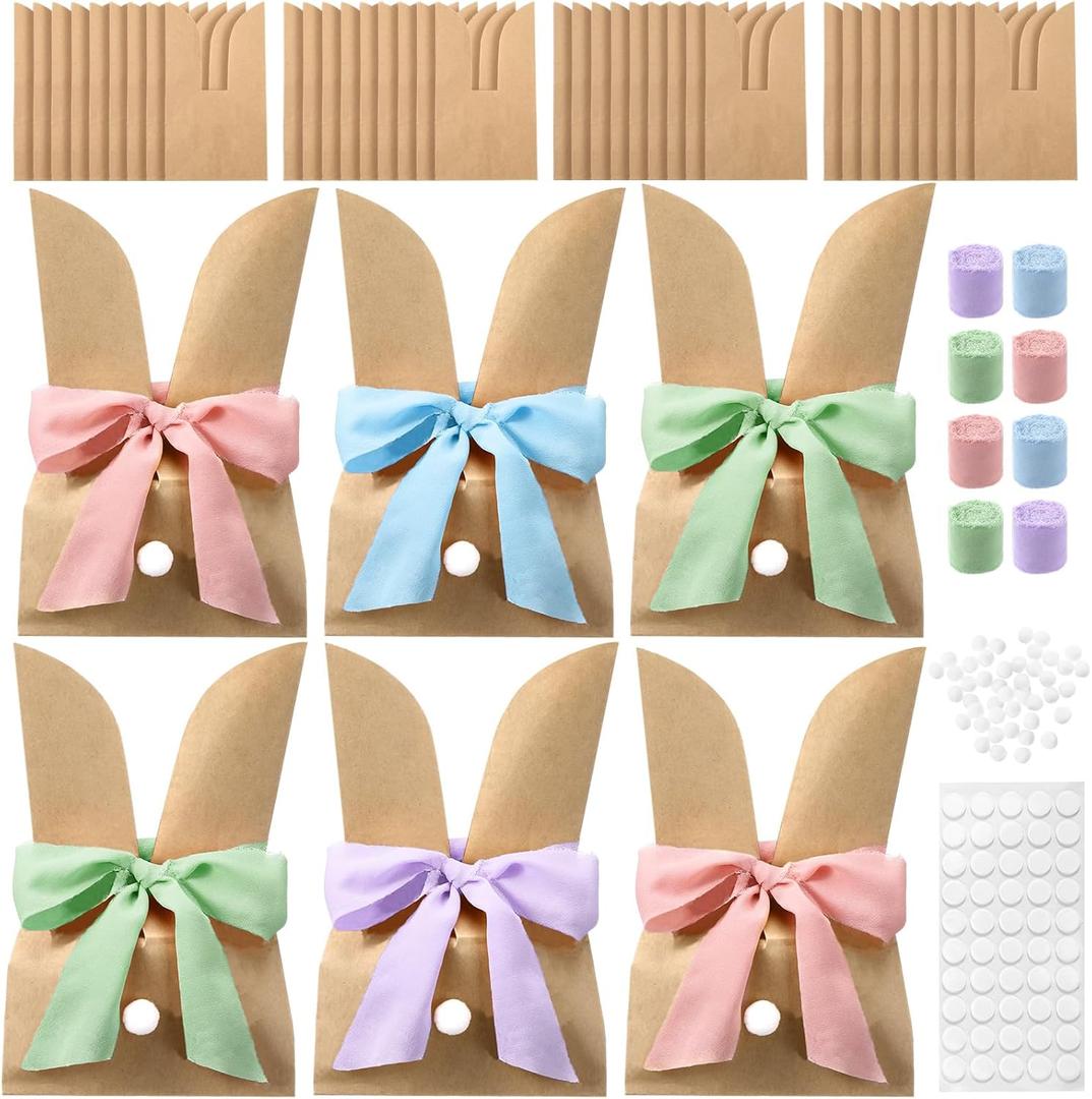 Motipuns 36 Set Easter Bunny Bags, Bunny Paper Gift Treat Bags Cute Candy Goodie Brown Kraft Party Favors Supplies Crafts for Birthday Wedding Party