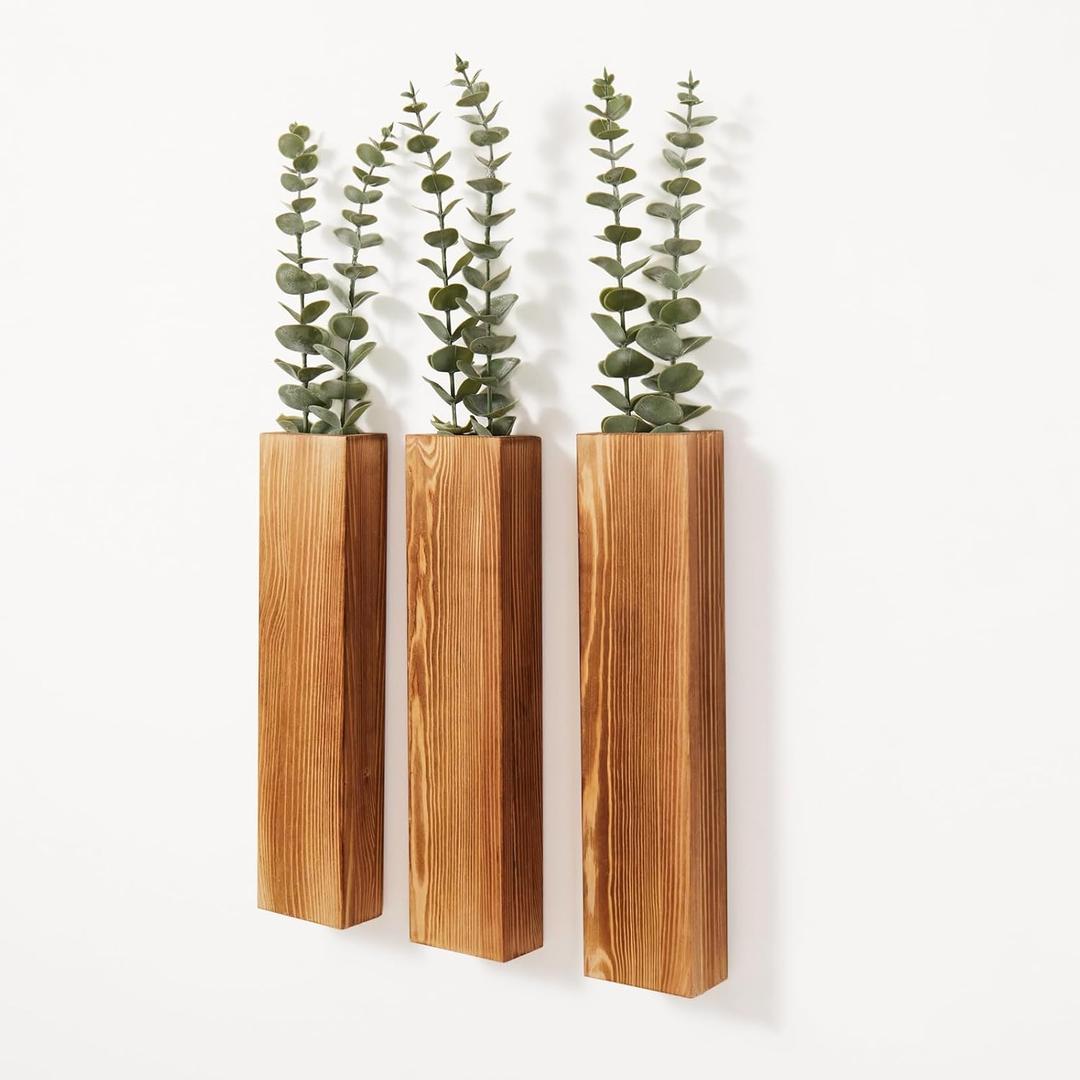 3-Pack Wood Wall Planters with 6 Removable Faux Eucalyptus Stems - Modern Farmhouse Wall Decor for Living Room, Bedroom, Bathroom - Wooden Wall Vases and Fake Eucalyptus for Home Office Decor
