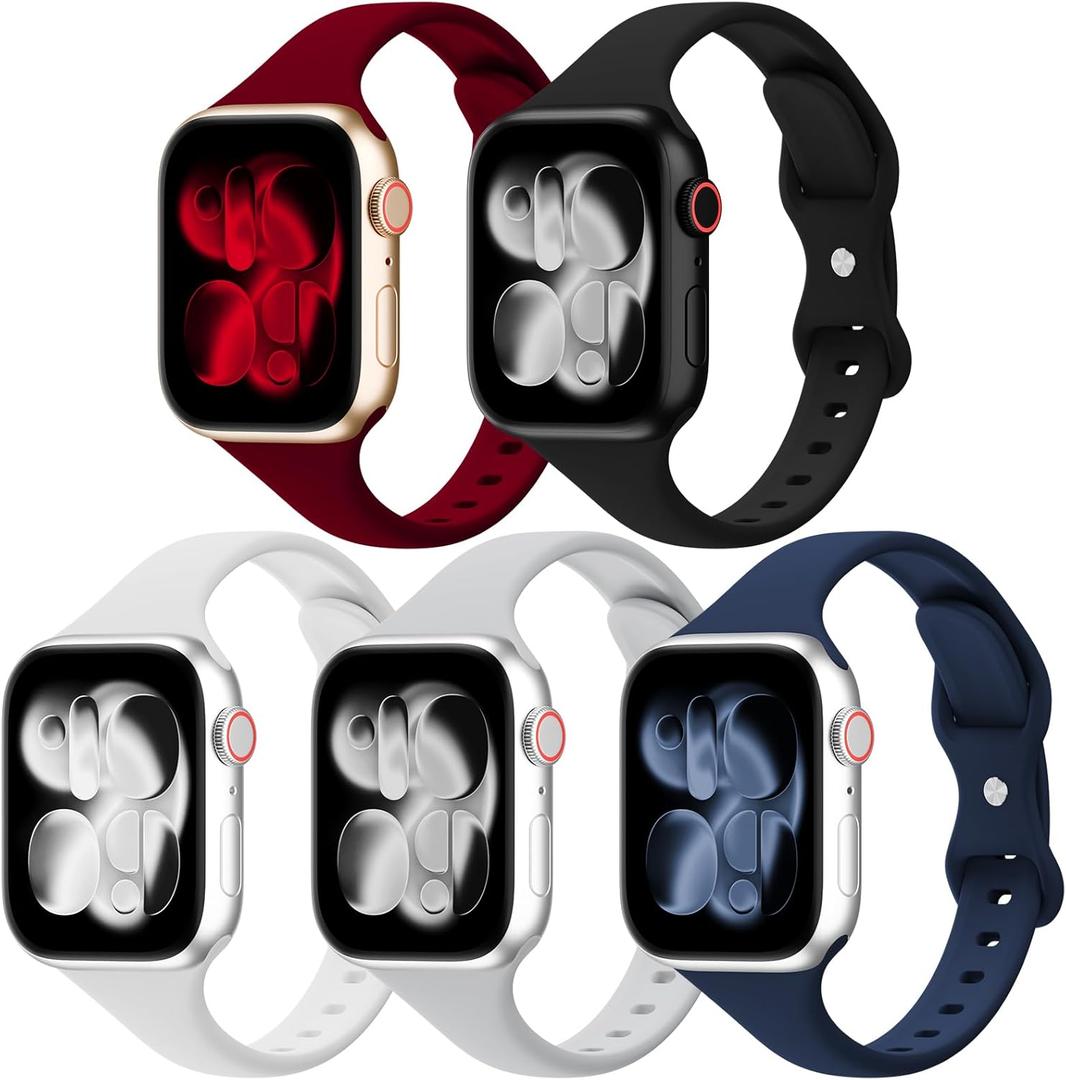 5 Pack Silicone Slim Bands Compatible with Apple Watch Band 38mm 42mm 40mm 44mm 41mm 45mm 46mm 49mm, Soft Narrow Sport Thin Strap for iWatch Ultra 3 2 1 Series 11/10/9/8/7/SE/6/5/4 Women Men (Black/Wine Red/White/Grey/Navy Blue)