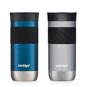 Contigo Byron 2.0 Snapseal Insulated Stainless Steel Travel Mug with Grip 2-pack, 16oz, Blueberry Satin & Gold Morel