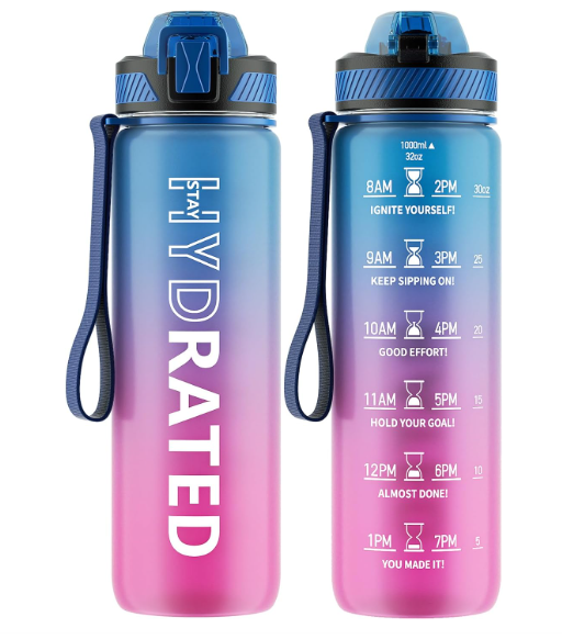 QLUR Water Bottle with Straw, 32oz Motivational Water Bottles with Time Marker to Drink, Tritan BPA Free, 1L Sports Water Bottle with Carry Strap LeakProof for Women Gym Fitness Outdoor (1 Pack)