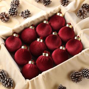 12 Pack Velvet Christmas Ball Ornaments Large Flocked Christmas Tree Hanging Ornaments Shatterproof Flocked Decorative Balls for Xmas Tree Decorations (Dark red, 2.36inch)