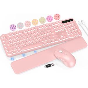 Wireless Keyboard and Mouse Backlit - Typewriter Keyboard with Retro Round Keycaps, Detachable Wrist Rest, Light Up Letters, 2.4G Rechargeable Combo for Mac, Windows, PC, Laptop, Trueque (Pink)
