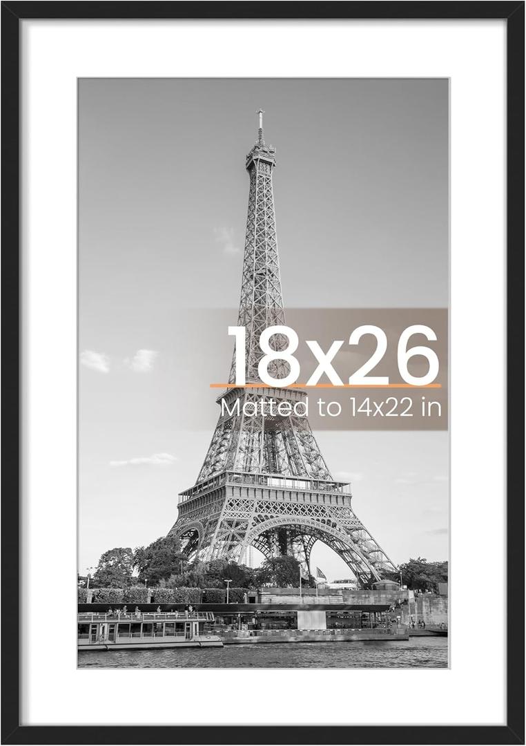 Upsimples 18x26 Picture Frame, Display Pictures 14x22 with Mat or 18 x 26 Without, Wall Hanging Poster Frames, Black, 1 Pack