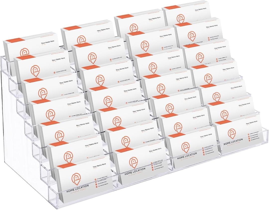 28 Slots Acrylic Business Card Holder for Desk Multi Business Card Stand Vertical Clear Plastic Multiple Cards Display Stand Rack for Office Supplies Home School Brochure File Table Recipe, Size 15.5"x5.7
