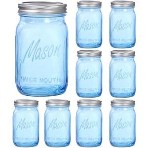 WELLIFE Wide Mouth Mason Jars, 9 Pack Blue Mason Jars 32 OZ, Mason Jar for Decor Canning & DIY Crafts, Food Storage, Fermenting, Pickling, Meal Prep