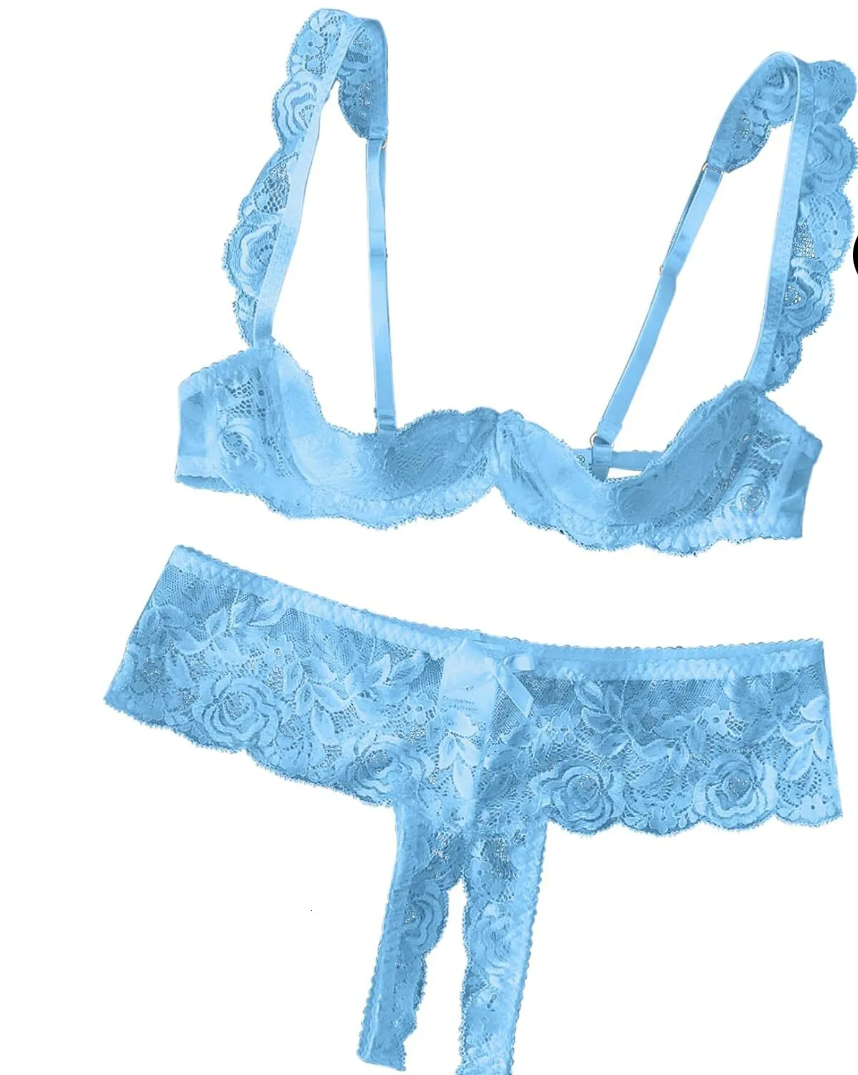 Women's white floral lace see-through lingerie set with steel rim bra and underwear 2XL