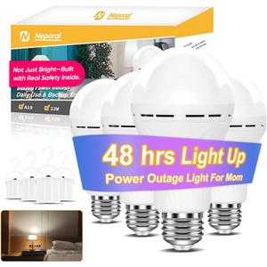 Neporal LITE Emergency Rechargeable Light Bulbs A19, Light Up to 48 hrs, Battery Operated Light Bulb, 5000K E26 LED Bulb, Emergency Lights for Home Power Failure