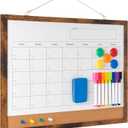 Dry Erase Calendar Whiteboard, 17" x 13" Magnetic Whiteboard Cork Board Combo, Reusable Monthly Planner with 8 Markers, Eraser, Magnets and Pushpins, Hanging Dry Erase Board for Home, School - Brown