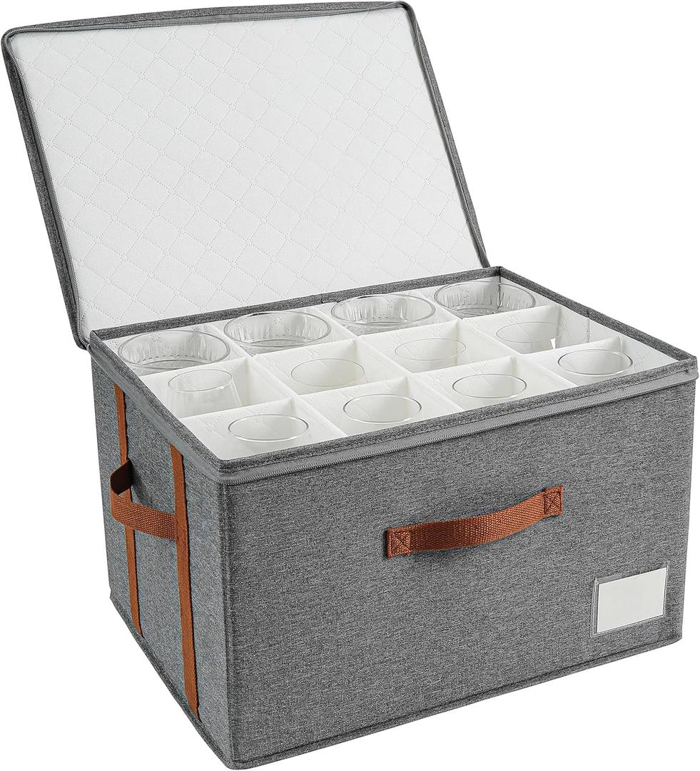 Stemware Storage Cases,Glass Storage Box,with Dividers, Holds 12 Red or White Glasses, Durable Glassware Storage Containers for Crystal or Stemware(Grey red, Stemware storage cases)
