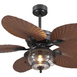 52 Inch Tropical Ceiling Fan with Light and Remote, Outdoor Waterproof Palm Leaf Ceiling Fan for Patios Porches Gazebos, Wet Rated, Glass Lampshade, 6 Speeds, Quiet, Brown, Bulb Included