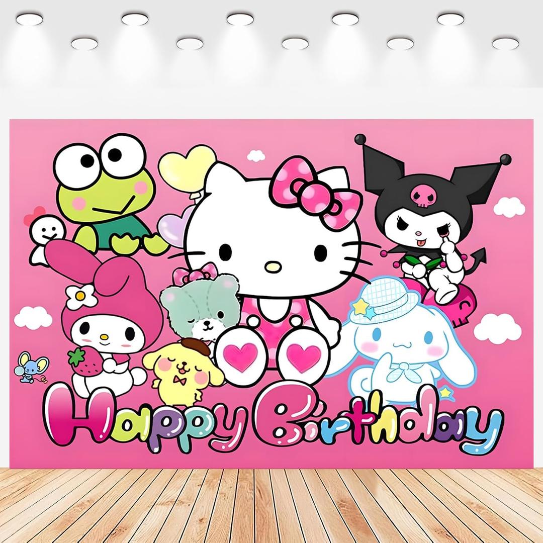 Cartoon Birthday Decorations, Cute Pink Cat Backdrop, Banner Shoot Photo Backgrounds Props, Birthday Party Supplies for Girls (5x3ft)