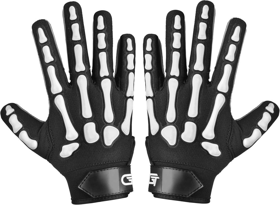 Glorious Traders Youth Football Gloves American Wide Receiver Injected Bones Football Gloves for Adult Men Women & Boys with Super Sticky Silicone Grip Palms (Black & White)