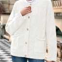 Saodimallsu Women's Chunky Knit Cardigan Button Down Crewneck Long Sleeve Cropped Sweater with Pockets (White, M)