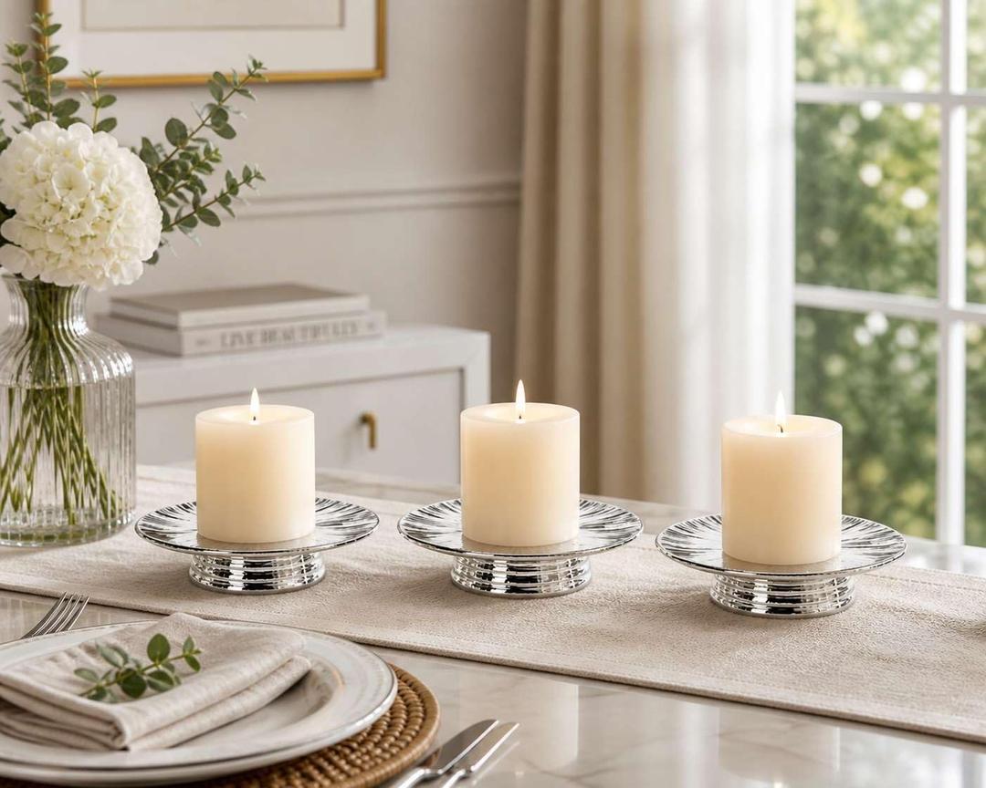ADAVAS.Y&G Ceramic Silver Candle Plate Set, 2-Piece Decorative Candle Holder Tray for Pillar Candles, Jewelry, Trinkets or Bathroom Counter Elegant Silver Finish for Tabletop & Home Dcor