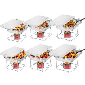 6 Pack - Disposable Chafing Dish Buffet Set, Welded Body Food Warmers for Parties, 6hr Fuel Cans Complete Set, Half Size Pans, Warming Trays