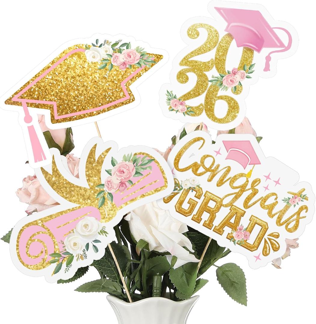 24 Pcs 2026 Pink Gold Floral Graduation Centerpieces Sticks Congrats Grad Decorations Class of 2026 Pink Gold Centerpiece Sticks Table Toppers for College High School Grad Party Photo Props Supplies