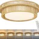 Boho Light Fixtures Ceiling Mount, HWH 18'' Rattan Ceiling Light Fixtures with Remote Control, 36W LED Ceiling Lighting Handwoven Twine Cage 5CCT, 5HYS78LF-LED (Beige)