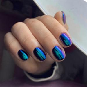 Chrome Press on Nails Short Oval Fake Nails Acrylic Nails Press ons Blue Green Ombre False Nails Glossy Glue on Nails Full Cover Artificial Stick on Nails for Women 24Pcs