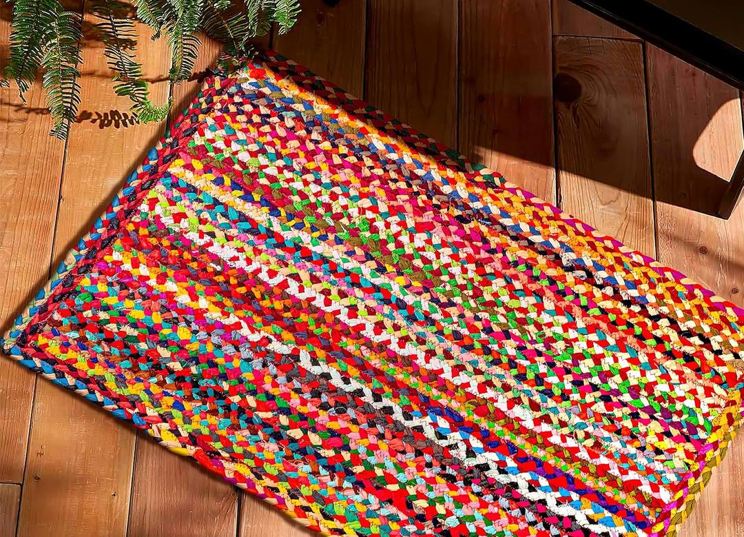 Cotton Chindi Braid Rag Rug - Boho Farmhouse Rustic Area Accent Throw Rug - Handwoven Reversible Natural Recycled Cotton - Living Room Den Study Home Dcor Gift - 2' x 3' - Multi Color (2' x 3' (Rectangular))
