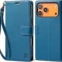 Wallet Case for iPhone 17 Series with Wrist Strap - PU Leather Folio Flip with Credit Card Holder & Kickstand, Protective Cover (Blue, for iPhone 17 Pro)