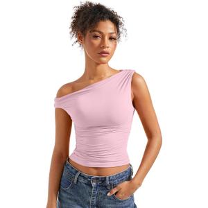 SUUKSESS Women Off Shoulder Tops Sleeveless Shirts Y2K Going Out Crop Tank Top (Large, Pink)