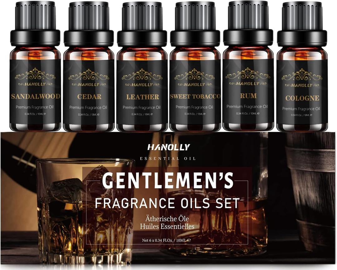 Essential Oils Set, Men Scents Fragrance Oil Aromatherapy Essential Oils Kit for Diffuser (6x10ML) - Sandalwood, Cedar, Leather, Sweet Cologne Aromatherapy Oils Gift for Men (0.34 Fl Oz (Pack of 6))