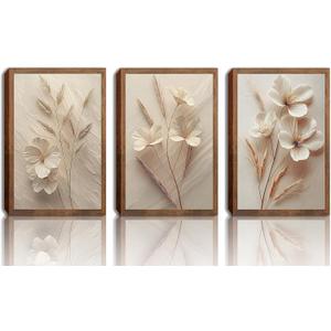 MQjopna Neutral Beige Floral Canvas Wall Art Set of 3, Modern Minimalist Texture Botanical Wall Decor, Vintage Flower Poster Prints for Living Room Bedroom Farmhouse Ready Home Decor 24x16in Framed