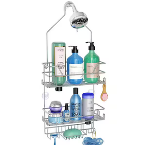 Shower Caddy Hanging Bathroom Organizer: Over Head Adjustable Rack for Tall Showerhead - Extra Large Storage Shelf for Big Shampoo Bottles with Soap Holder (Silver)