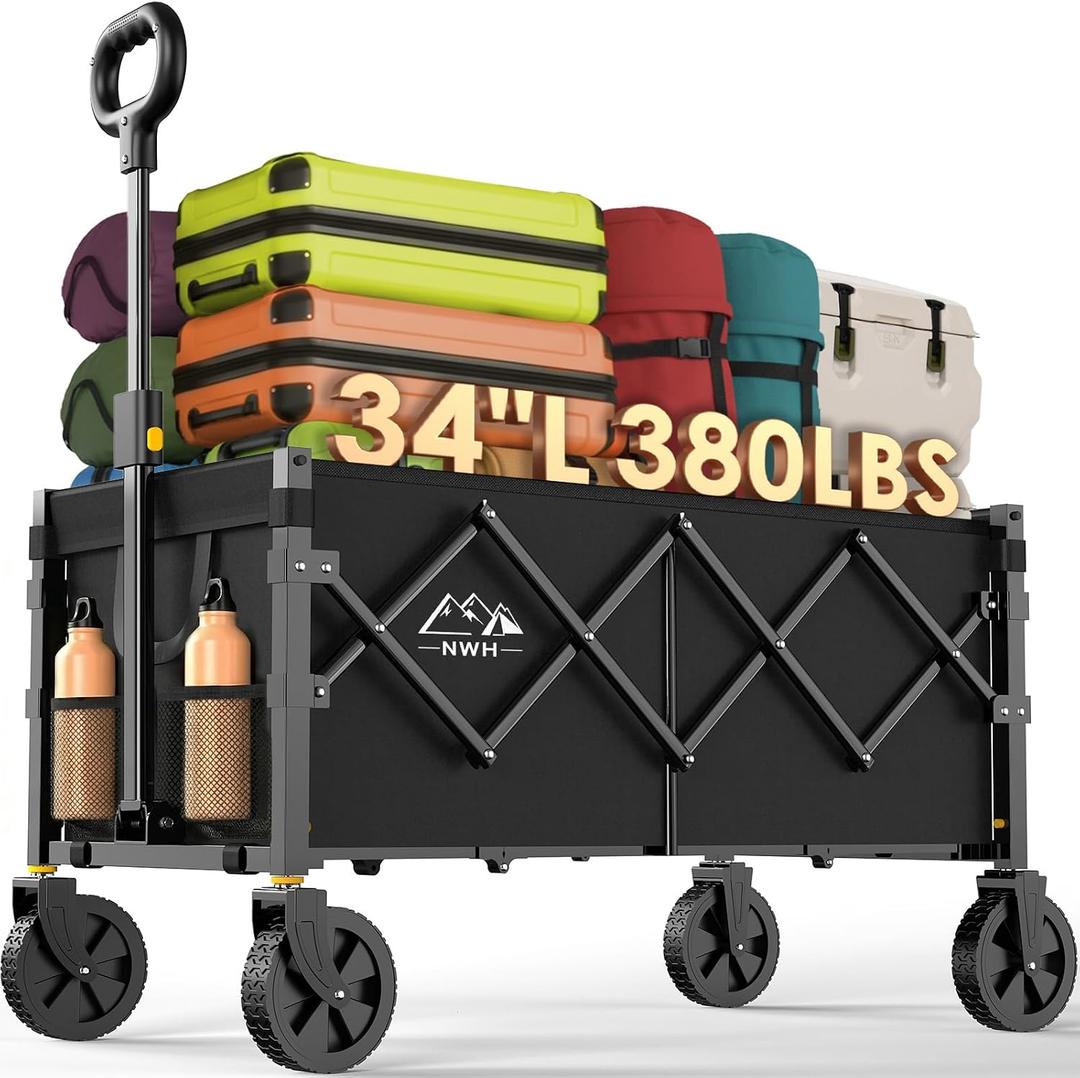 NWH 34'' Extra Long Collapsible Wagon, 380lbs Large Capacity Folding Wagons Carts with Wheels Foldable, Heavy Duty Utility Cart with All-Terrain Wheels for Beach Outdoor Grocery Camping Garden