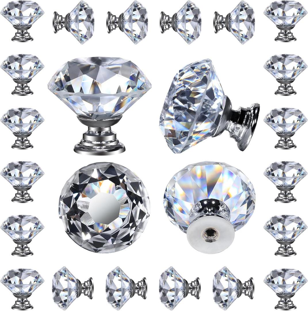 DEELF 24 Packs Kitchen Cabinet Knobs, 40 mm Crystal Cabinet Knobs, Diamond Dresser Handle Drawer Pulls, Dresser Knobs for Cabinets and Drawers, Silver Base
